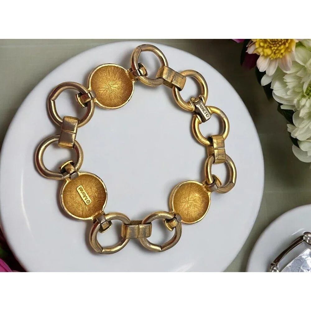 Vintage 1980s Monet Link Bracelet Hammered Gold Tone - 8M